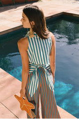 Loch Sleeveless Poplin Button Up - Teal/Cream Stripe