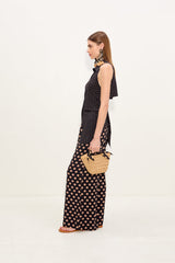 Loch Sleeveless Crepe Button Up - Black/Tan Polka Dot