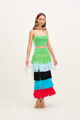 Dio Fringe Knit Skirt - Grass Green Multi