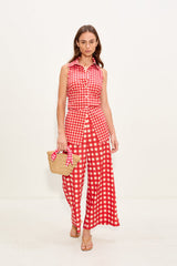 Loch Sleeveless Poplin Button Up - Tomato/White Gingham