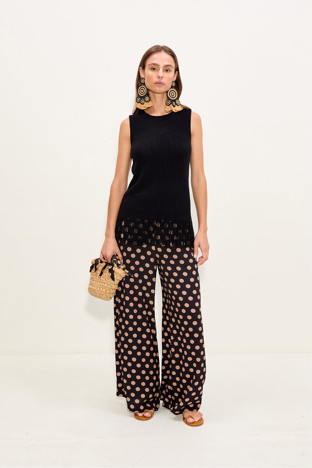 Nella Crepe Wide Leg Pant - Black/Tan Polka Dot
