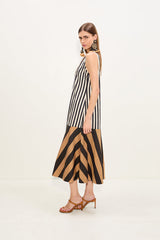 Celeste Poplin Dress - Black/Tan Stripe Combo