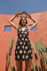 Kirra Linen Mini Dress - Black/Tan Polka Dot