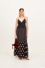 Romi Chiffon Maxi Dress - Black/Tan Polka Dot