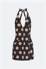 Kirra Linen Mini Dress - Black/Tan Polka Dot