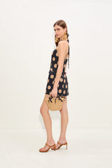 Kirra Linen Mini Dress - Black/Tan Polka Dot