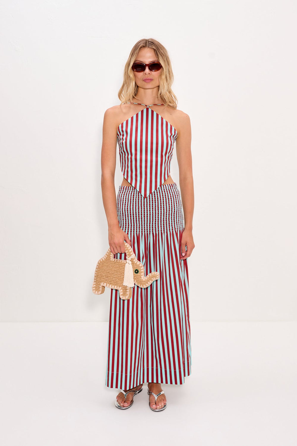 Kit Poplin Tie Top - Salted Blue/Crimson