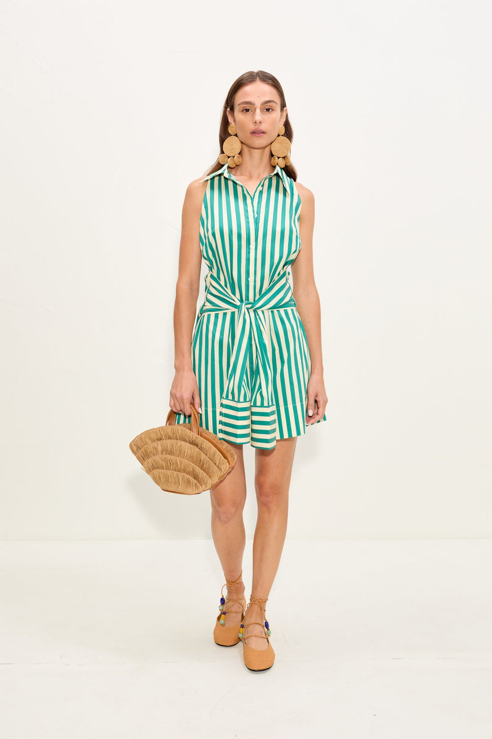 Inna Sleeveless Poplin Mini Dress - Teal/Cream Stripe