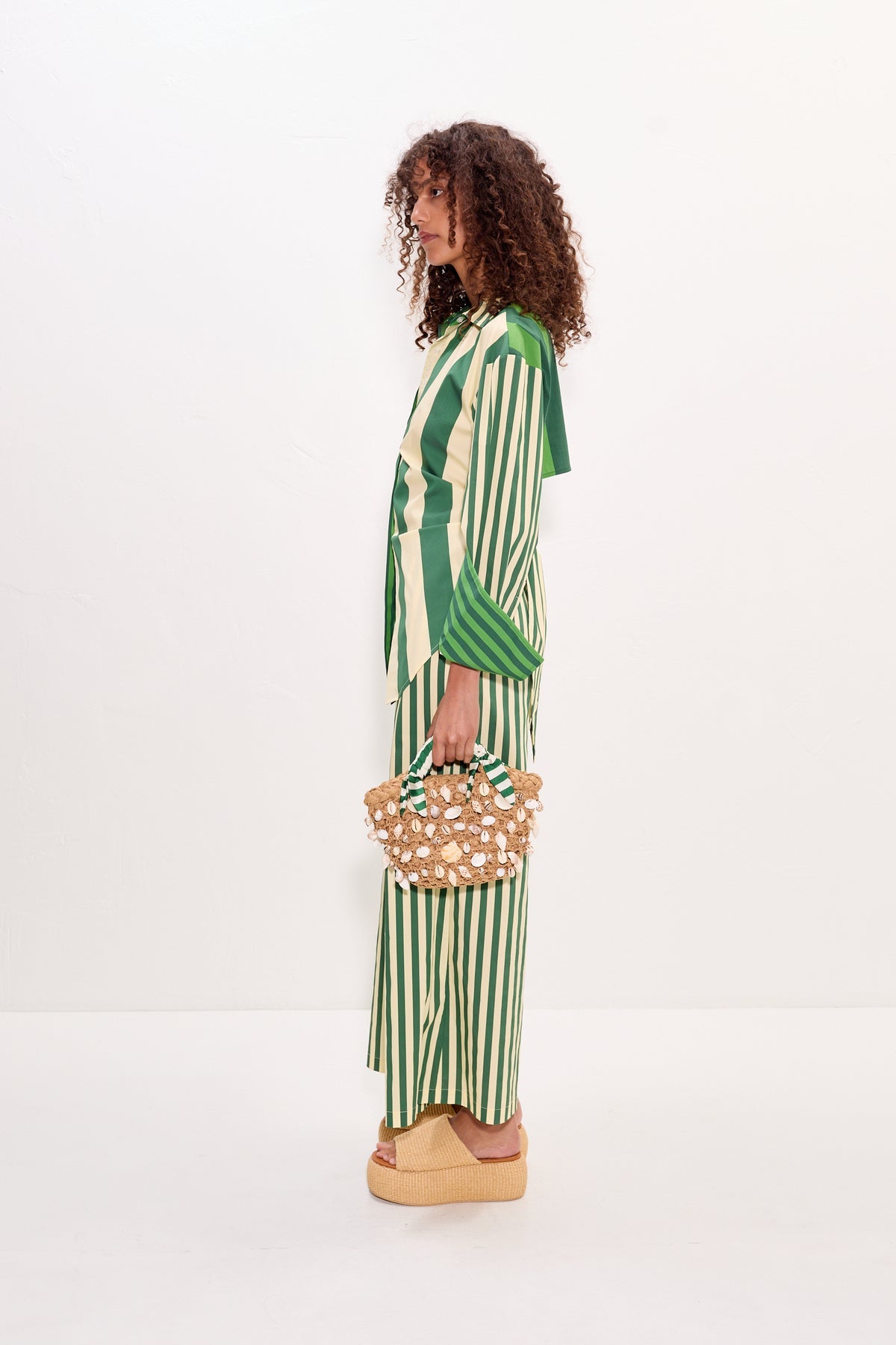 Loch Poplin Button Up - Green Stripe Combo