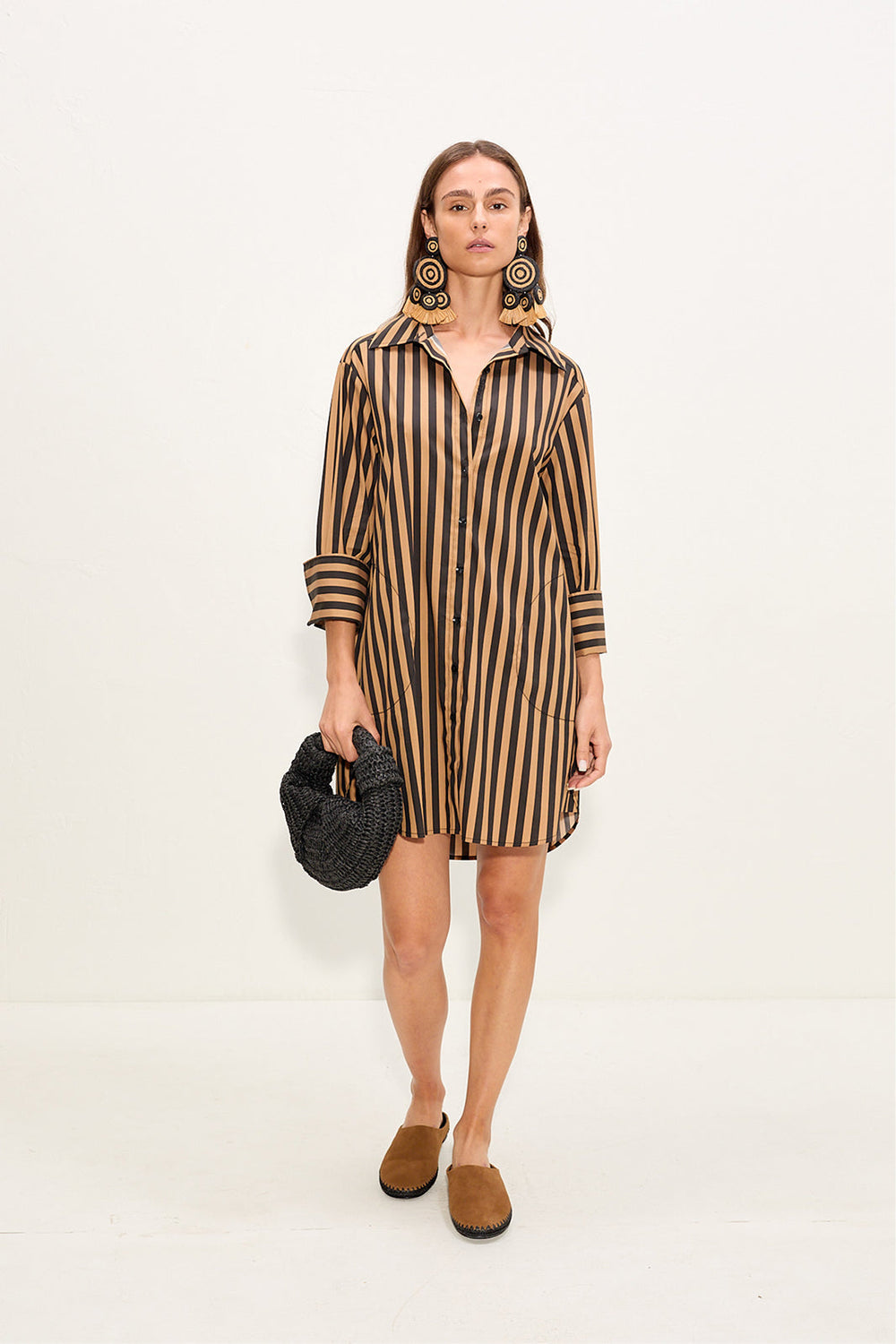 Kena Poplin Dress - Black/Tan Stripe