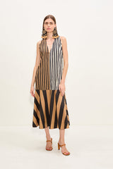 Celeste Poplin Dress - Black/Tan Stripe Combo