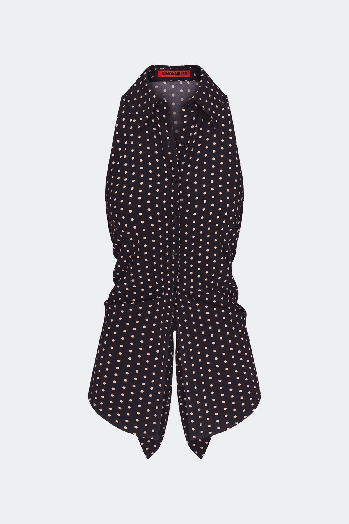 Loch Sleeveless Crepe Button Up - Black/Tan Polka Dot