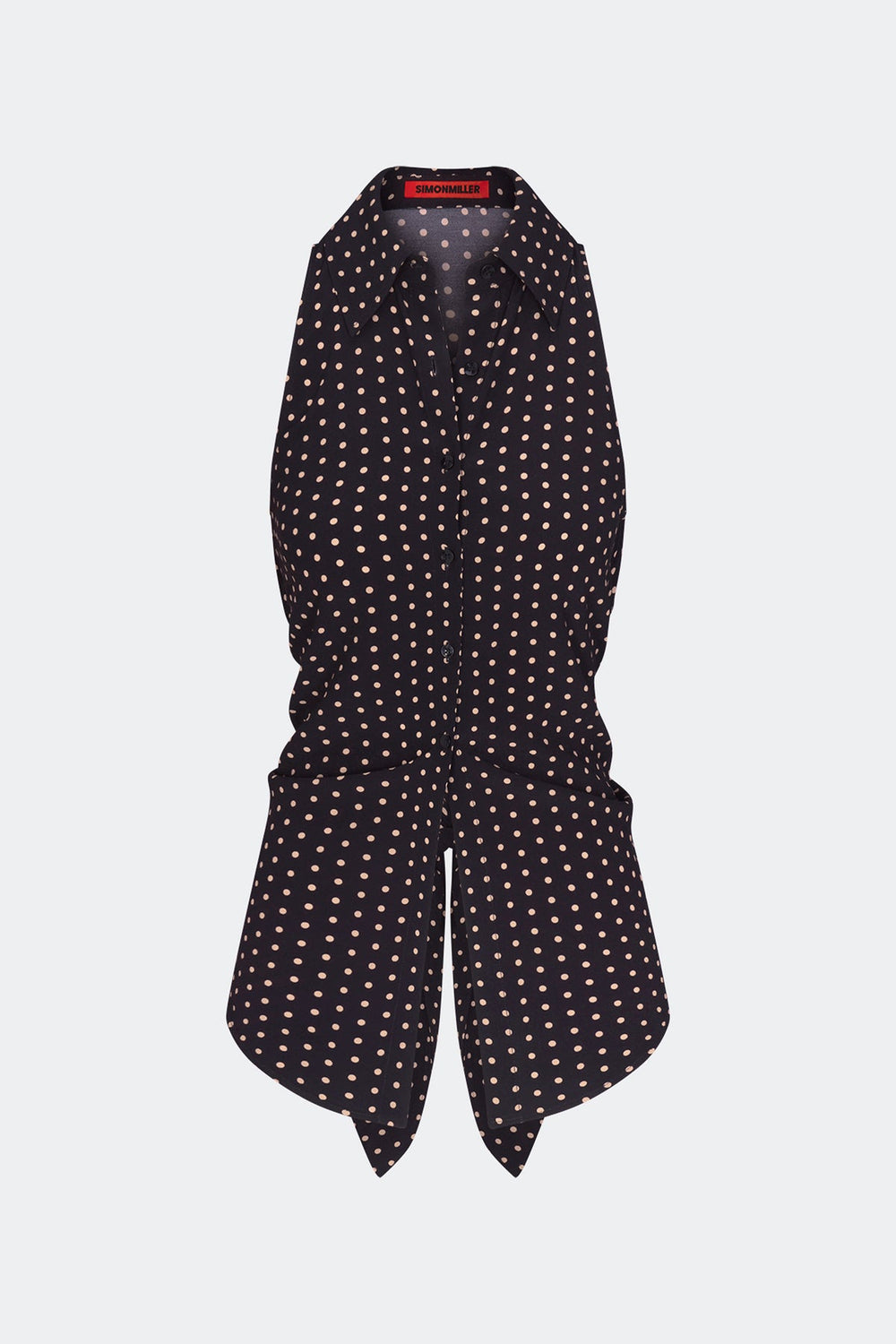 Loch Sleeveless Crepe Button Up - Black/Tan Polka Dot