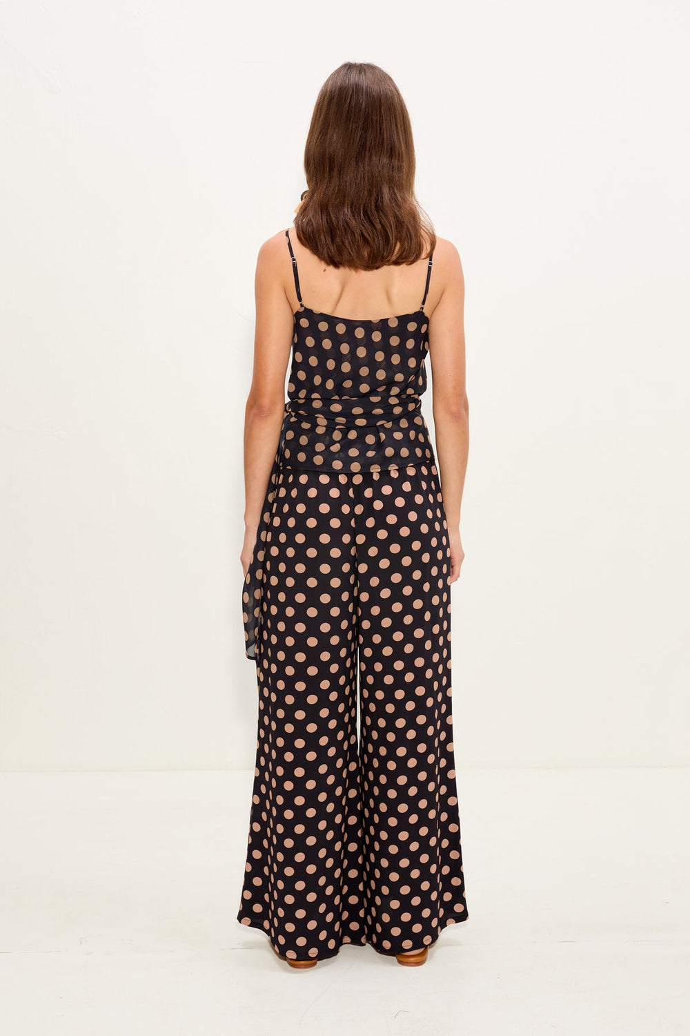 Marlowe Chiffon Tie Tank - Black/Tan Polka Dot