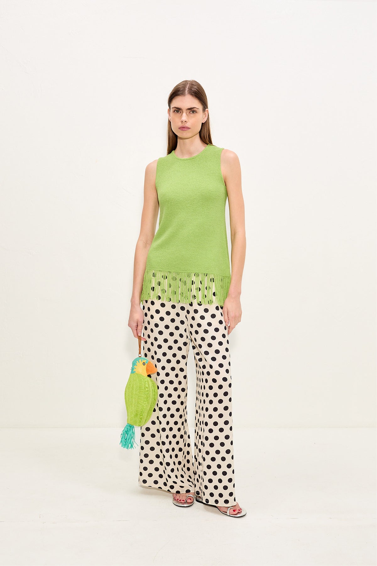 Nella Crepe Wide Leg Pant - Macadamia/Black Polka Dot