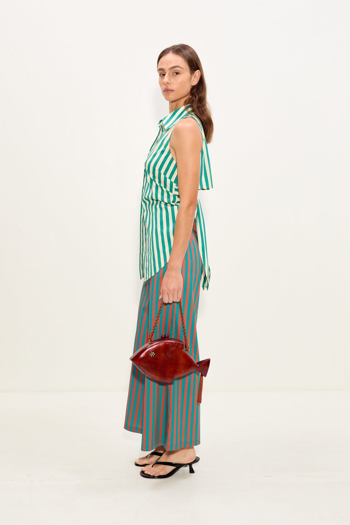 Toni Poplin Pant - Teal/Brick Stripe