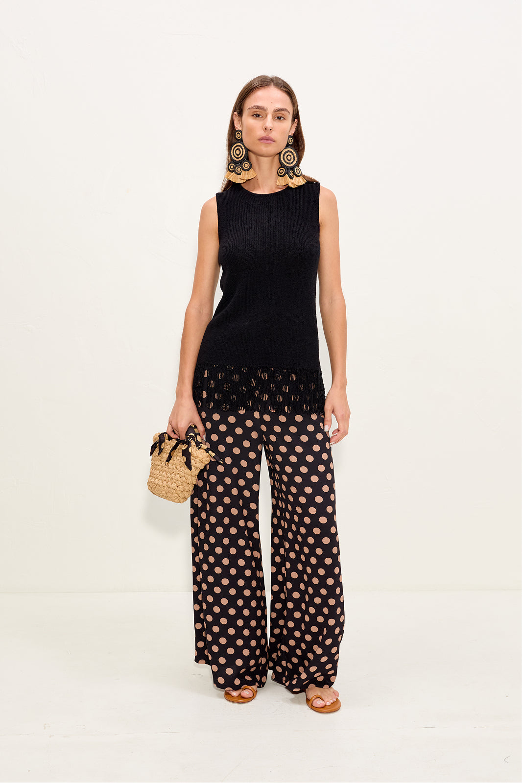 Nella Crepe Wide Leg Pant - Black/Tan Polka Dot