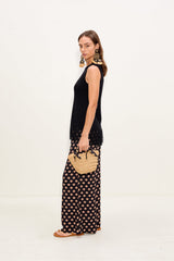 Nella Crepe Wide Leg Pant - Black/Tan Polka Dot