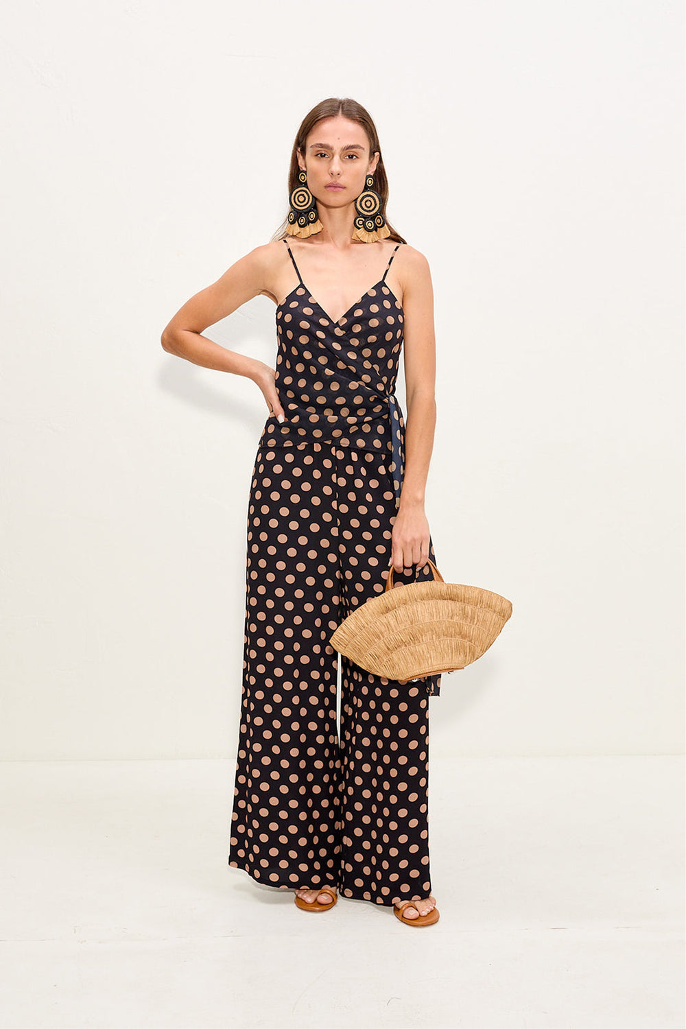 Nella Crepe Wide Leg Pant - Black/Tan Polka Dot