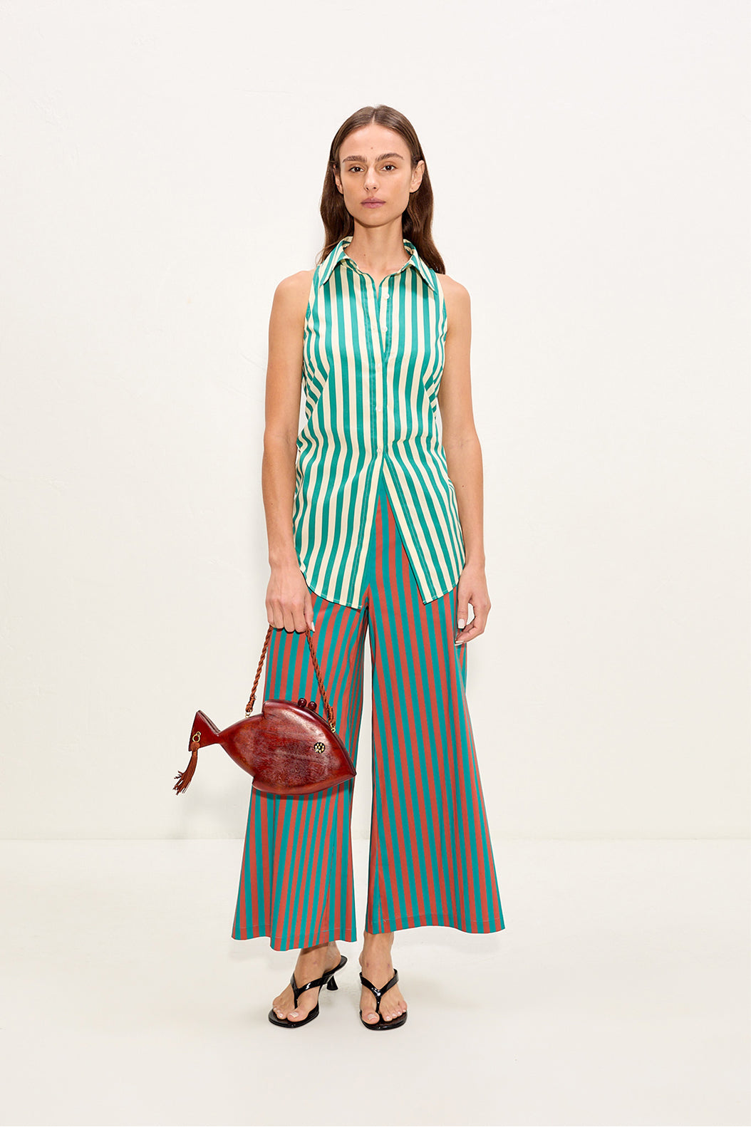 Toni Poplin Pant - Teal/Brick Stripe