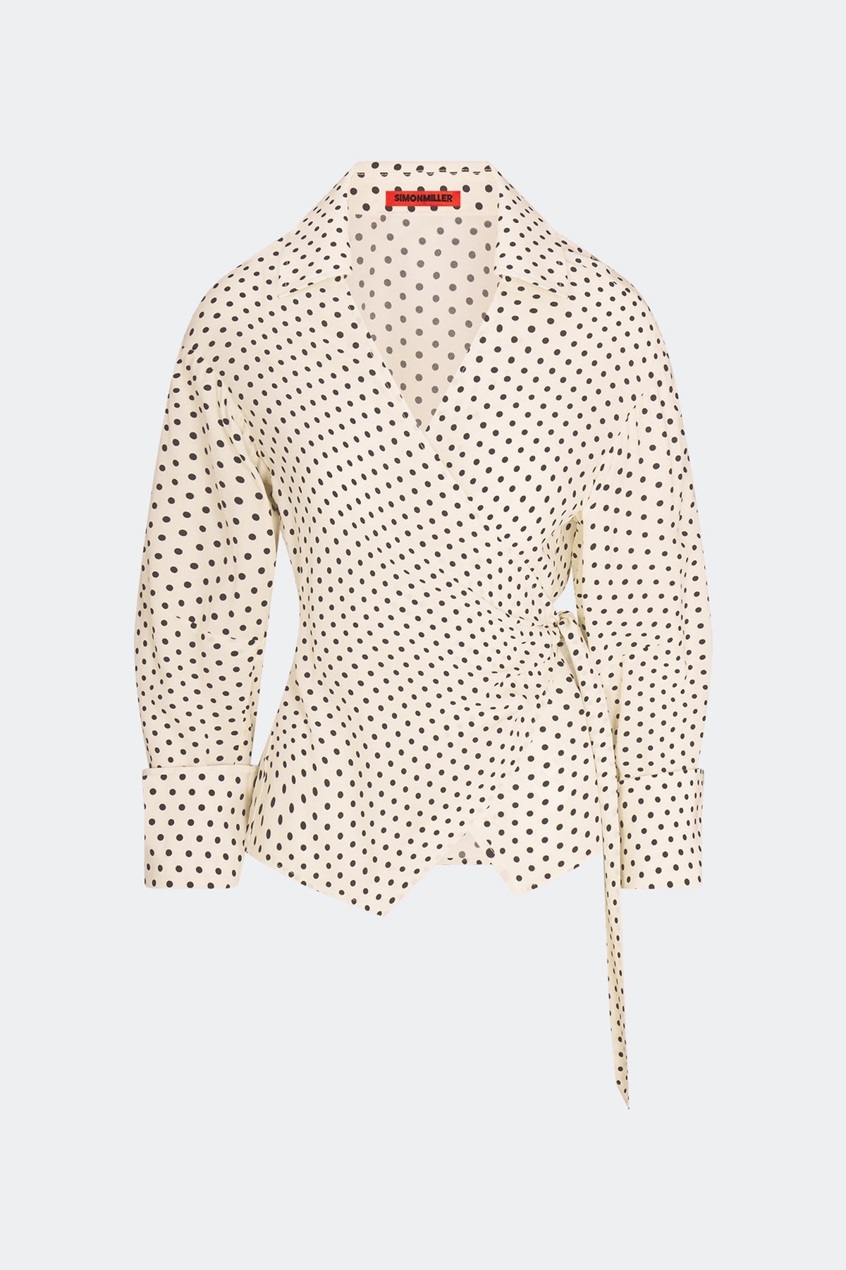 Anya Crepe Wrap Top - Macadamia/Black Polka Dot