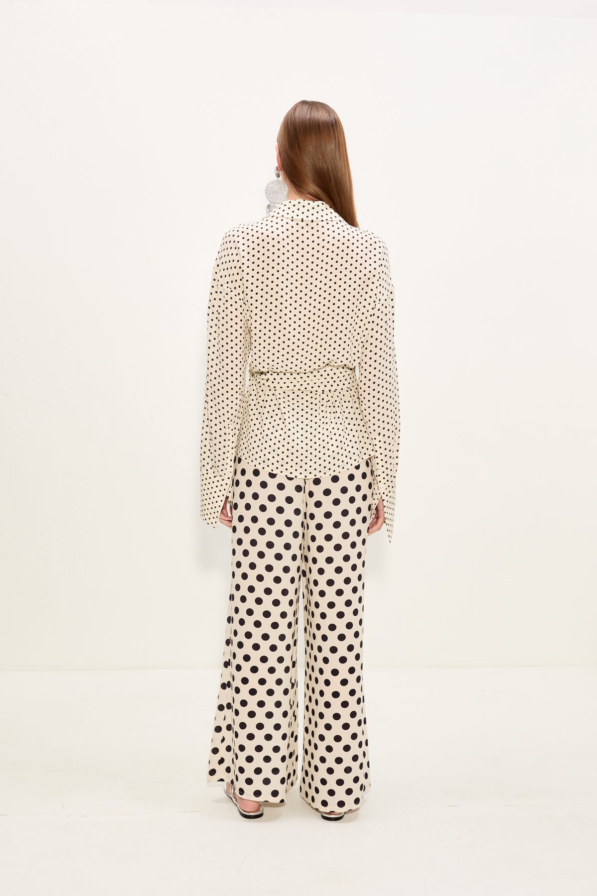 Anya Crepe Wrap Top - Macadamia/Black Polka Dot