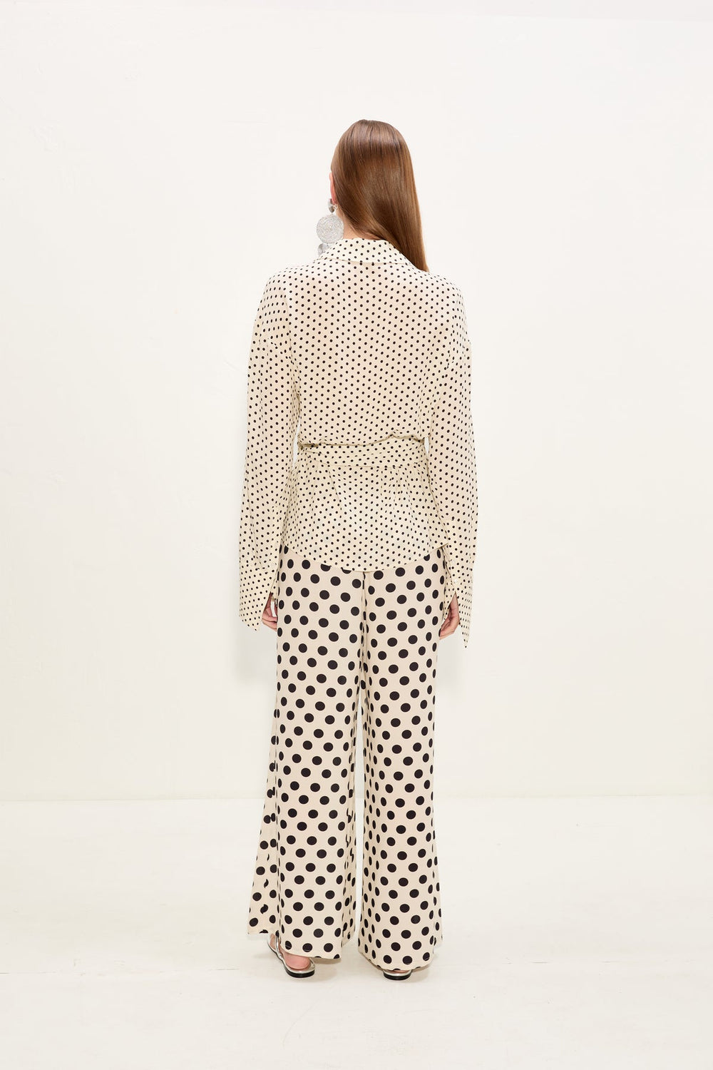 Anya Crepe Wrap Top - Macadamia/Black Polka Dot