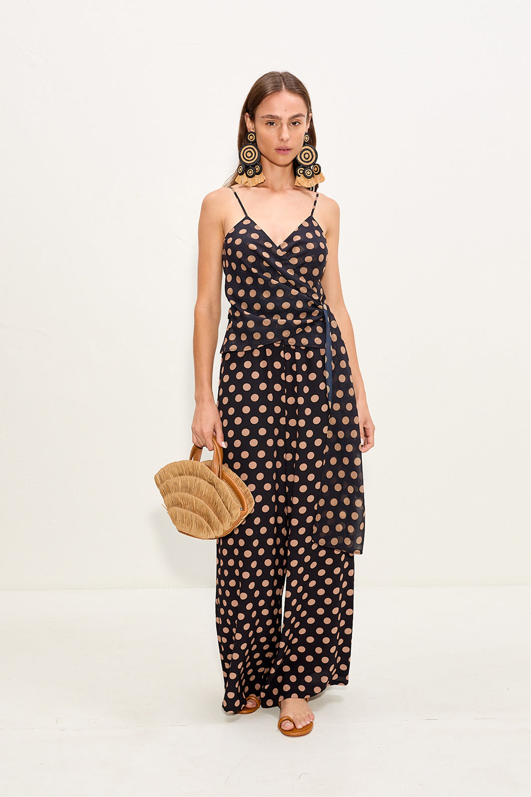 Marlowe Chiffon Tie Tank - Black/Tan Polka Dot