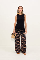 Nella Crepe Wide Leg Pant - Black/Tan Polka Dot