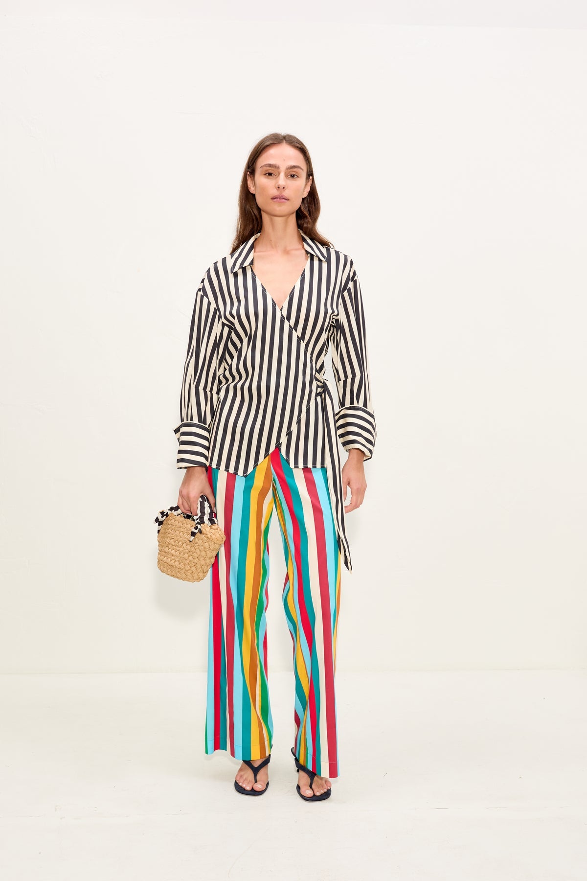 Anya Poplin Wrap Top - Black/White Stripe