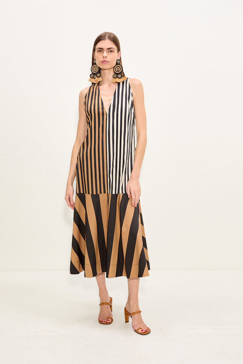 Celeste Poplin Dress - Black/Tan Stripe Combo