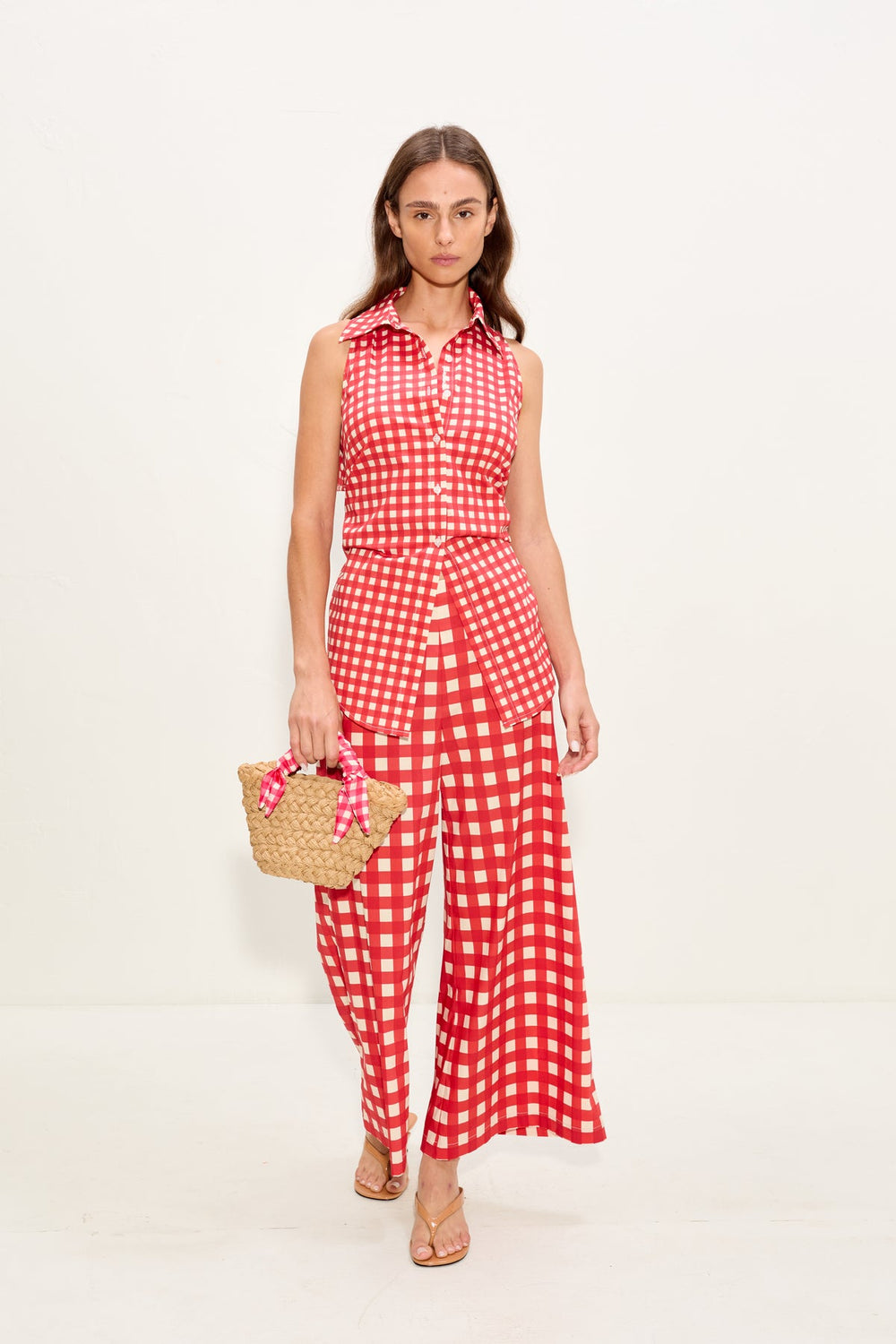 Loch Sleeveless Poplin Button Up - Tomato/White Gingham