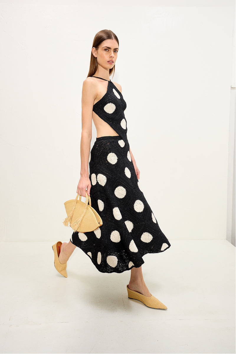Zorah Crochet Skirt - Black/Macadamia Polka Dot