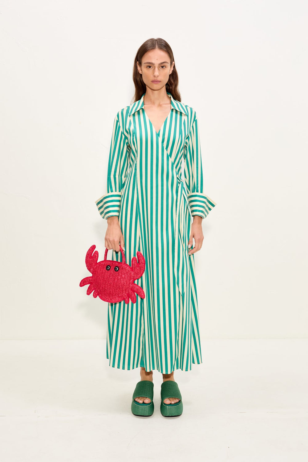 Anya Poplin Wrap Dress - Teal/Cream Stripe