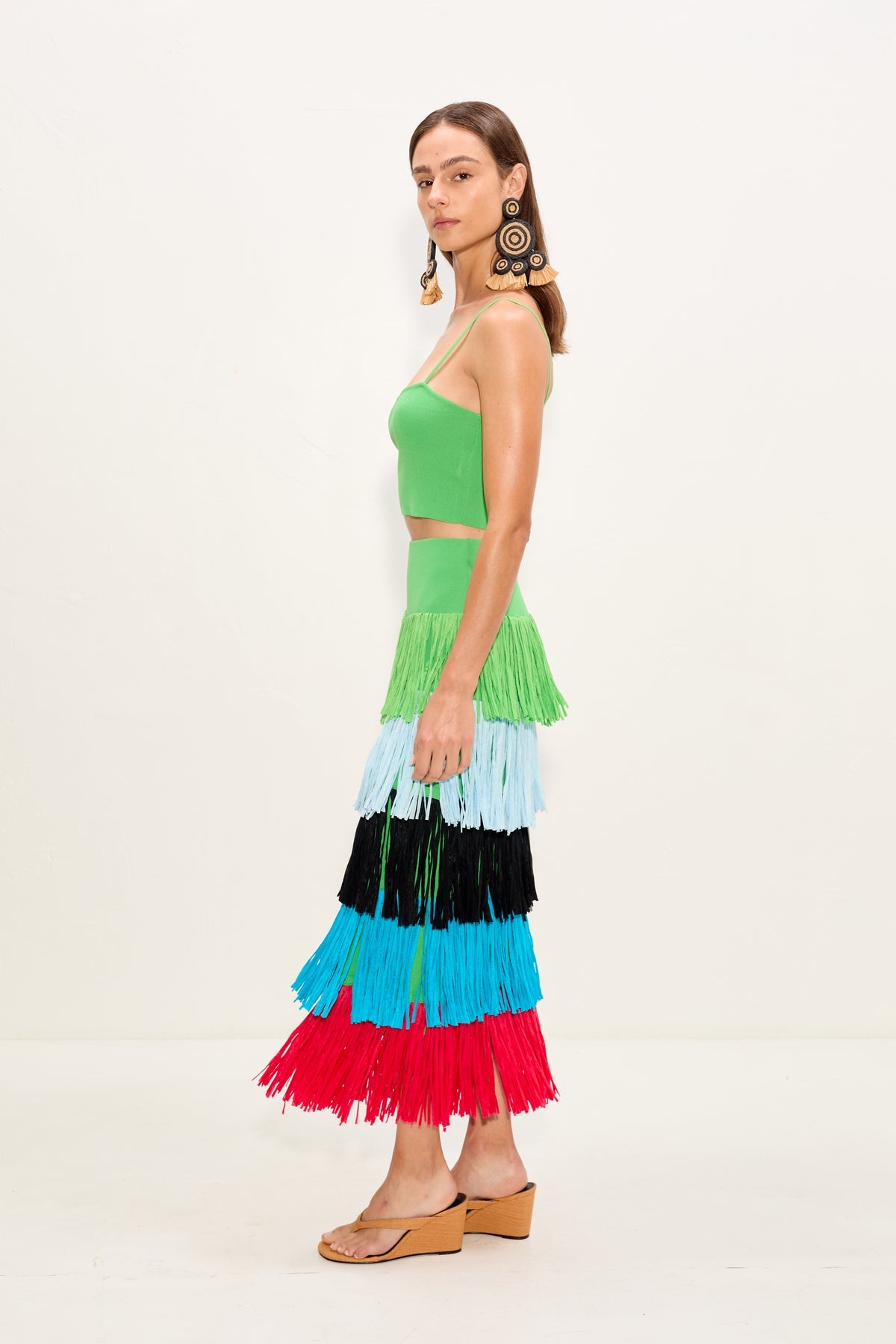 Dio Fringe Knit Skirt - Grass Green Multi