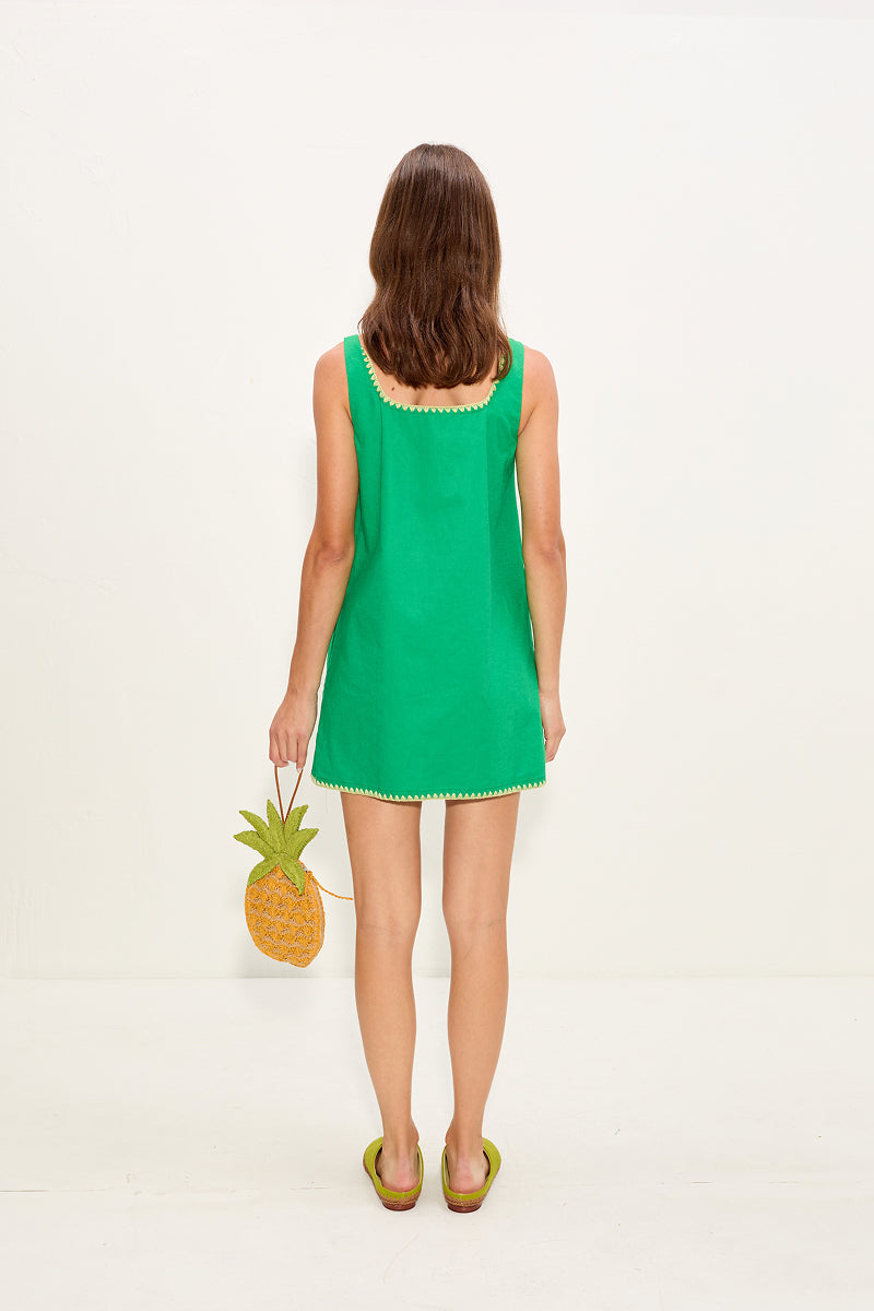Sahara Embroidered Linen Dress - Grass Green