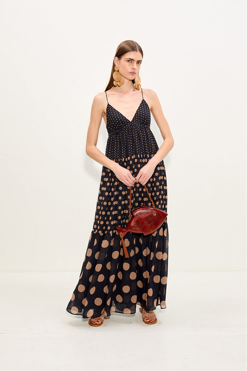 Romi Chiffon Maxi Dress - Black/Tan Polka Dot