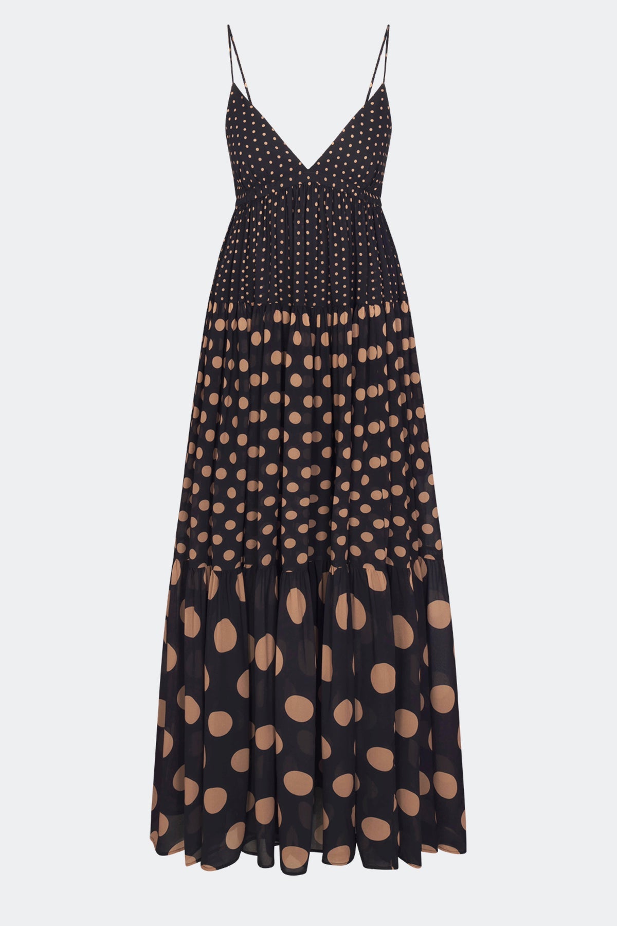 Romi Chiffon Maxi Dress - Black/Tan Polka Dot