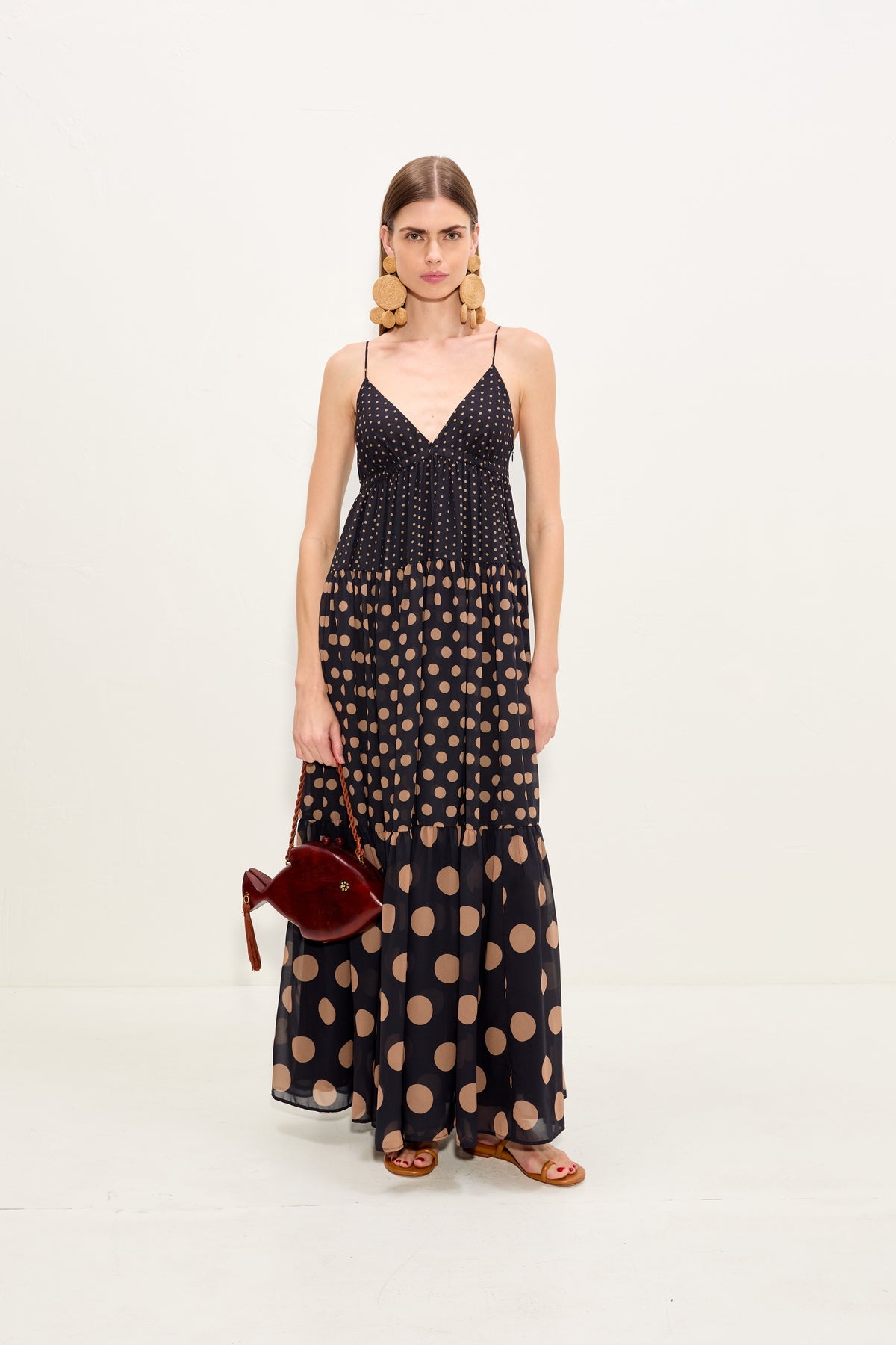 Romi Chiffon Maxi Dress - Black/Tan Polka Dot