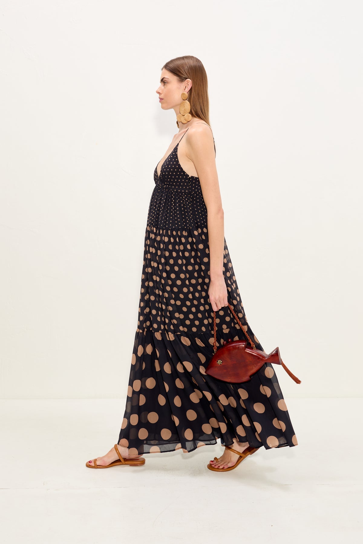Romi Chiffon Maxi Dress - Black/Tan Polka Dot