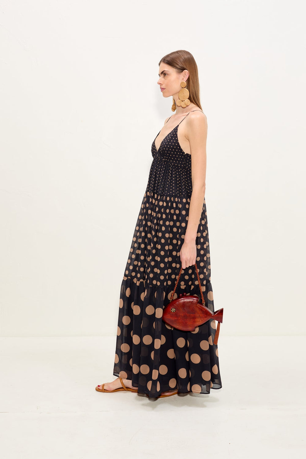 Romi Chiffon Maxi Dress - Black/Tan Polka Dot