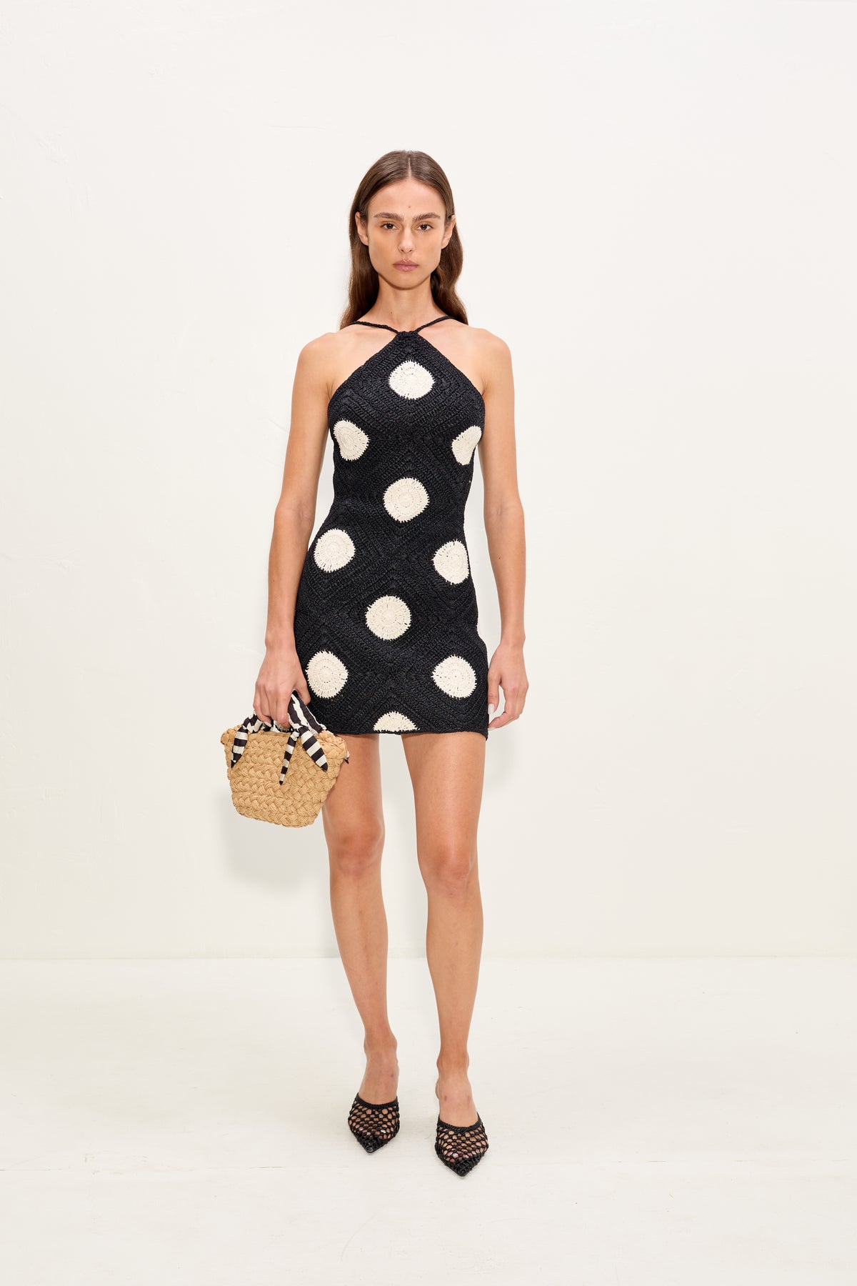 Kit Crochet Mini Dress - Black/Macadamia Polka Dot