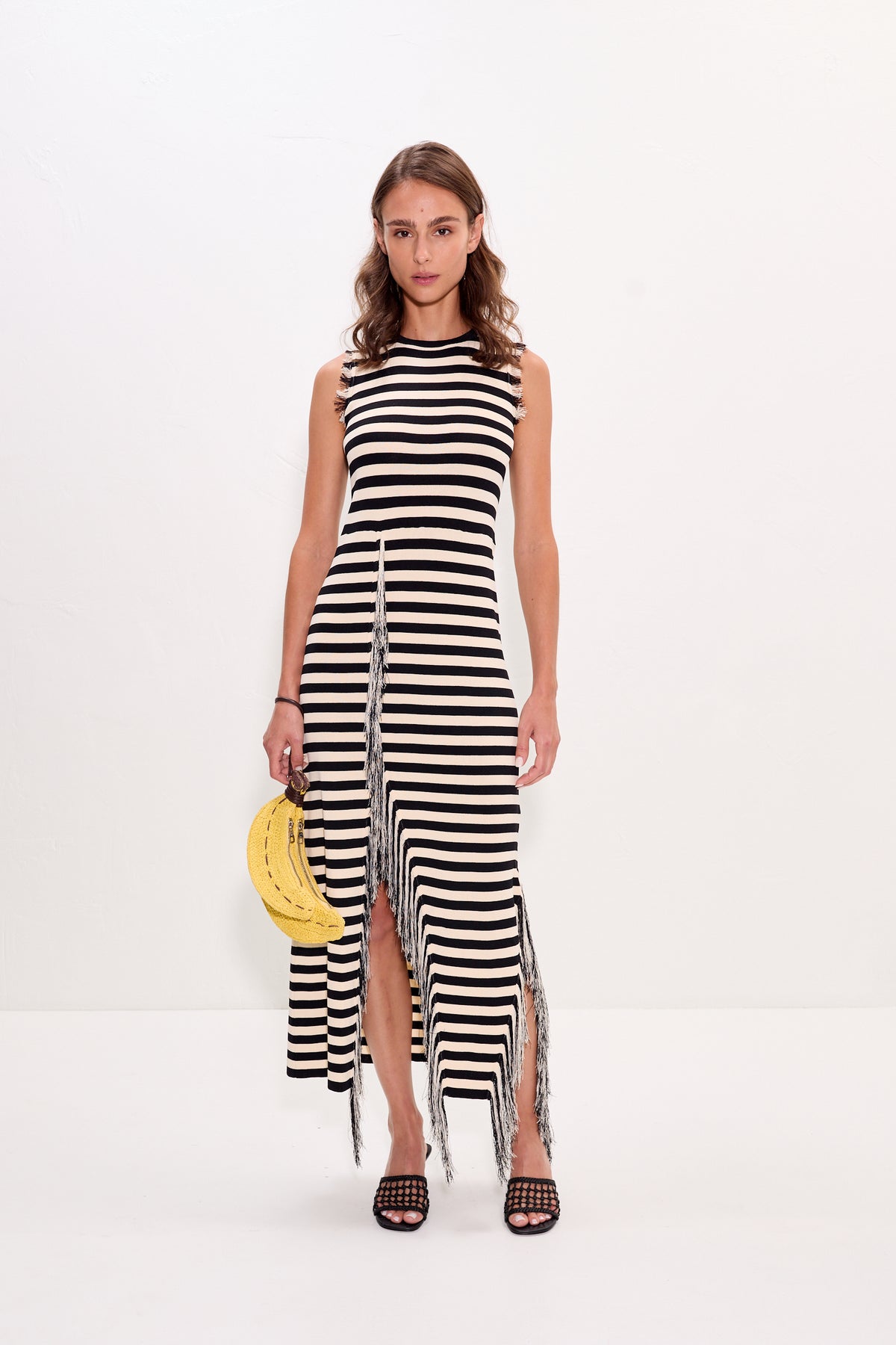 Sabine Fringe Knit Dress - Black/White Stripe