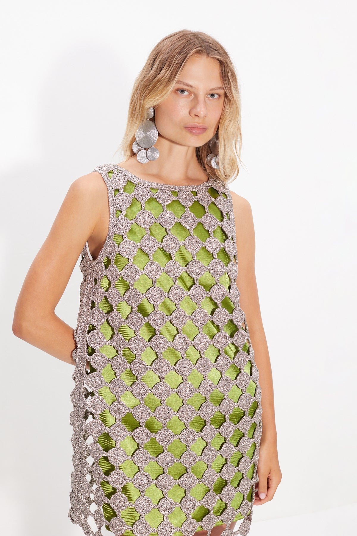 Sina Crochet Mini Dress - Moss/Satellite Silver