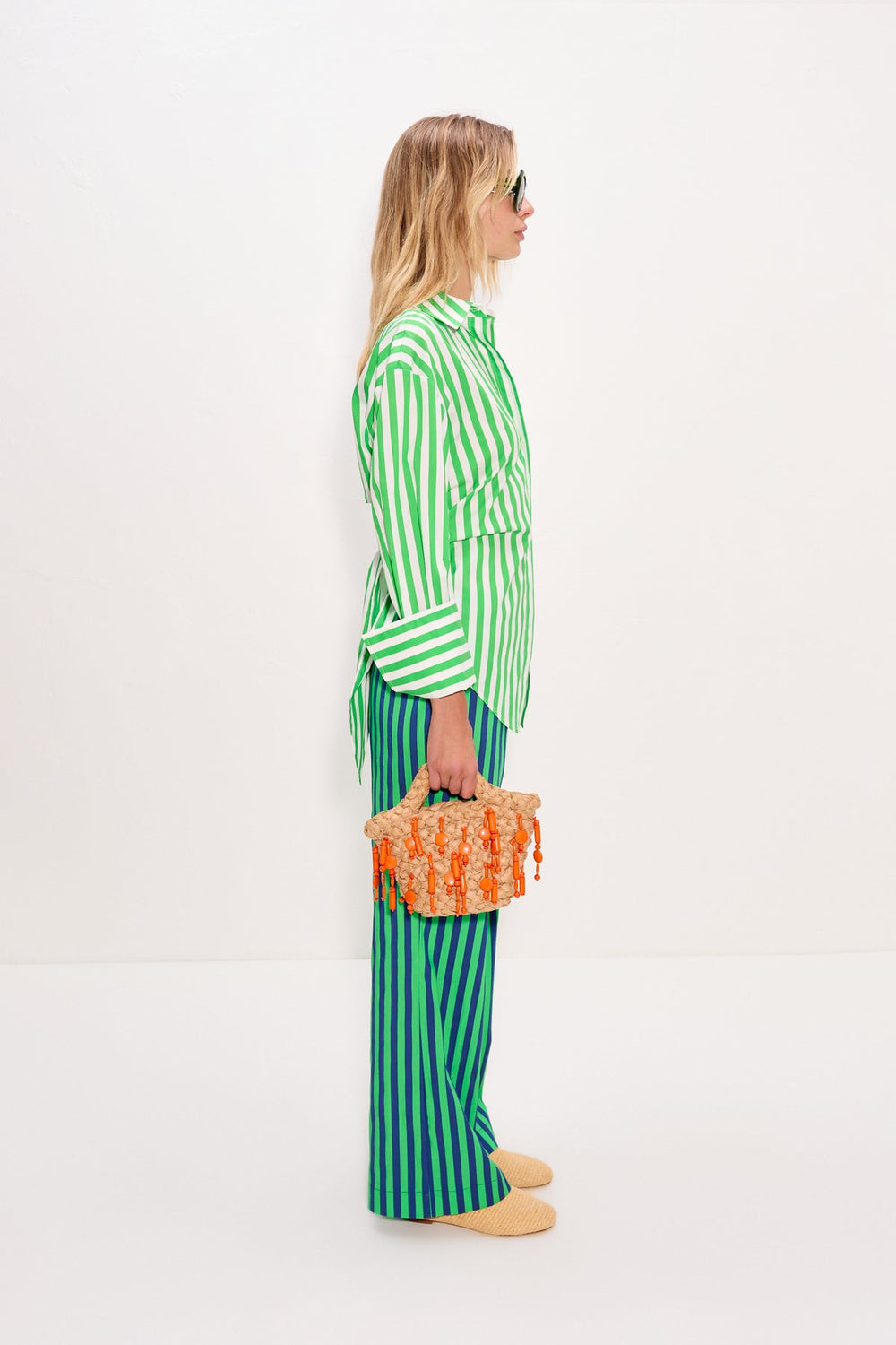 Loch Poplin Button Up - Grass Green/Macadamia