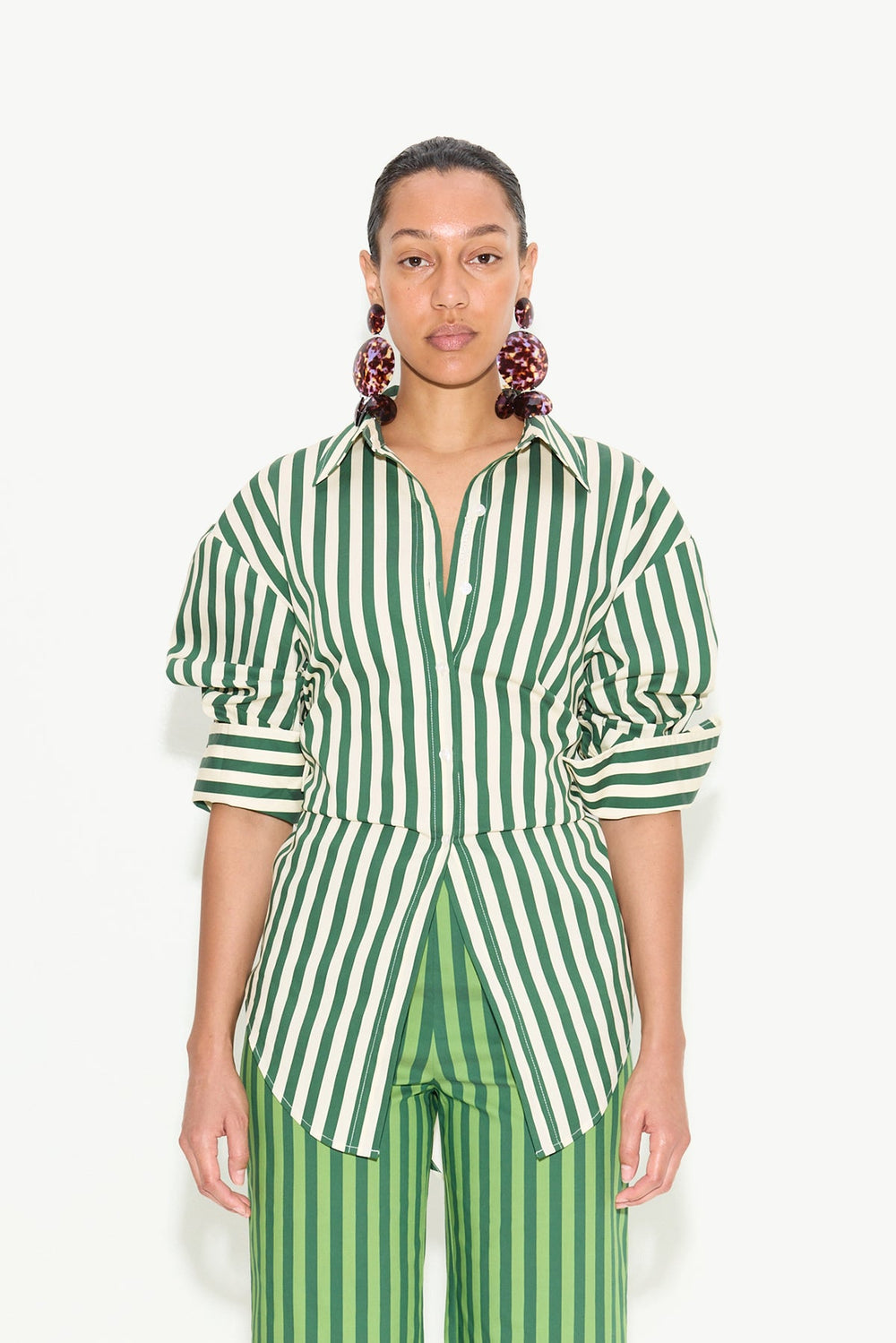 Loch Striped Poplin Button Up - GUMMY GREEN/ECRU