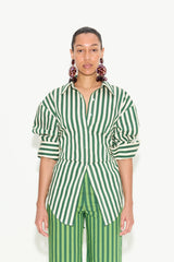 Loch Striped Poplin Button Up - GUMMY GREEN/ECRU