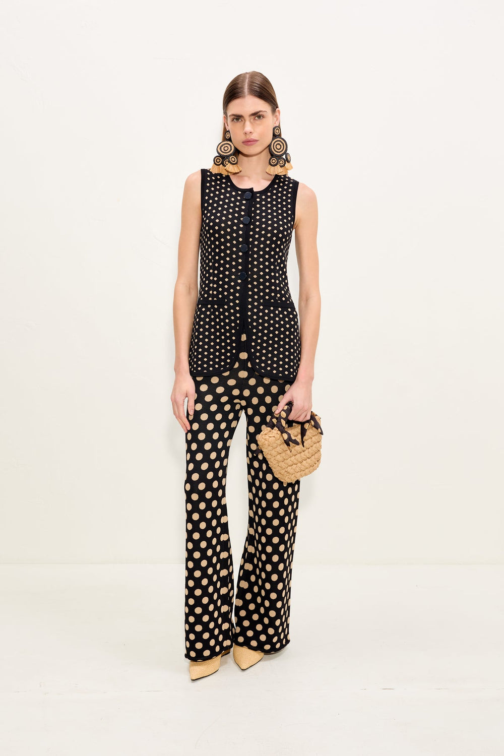 Del Mar Knit Vest - Black/Tan Polka Dot