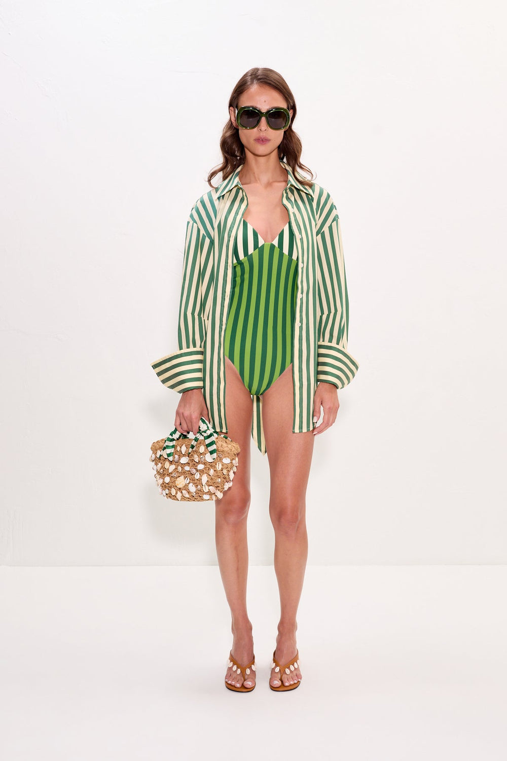 Loch Striped Poplin Button Up - GUMMY GREEN/ECRU