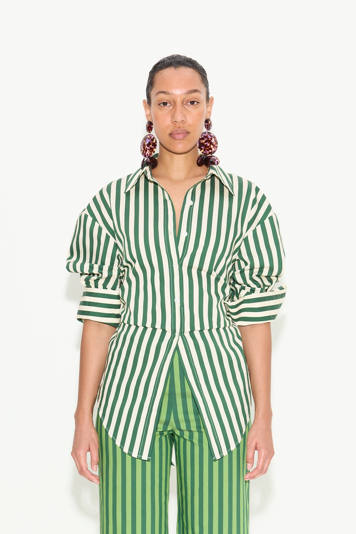 Loch Striped Poplin Button Up - GUMMY GREEN/ECRU